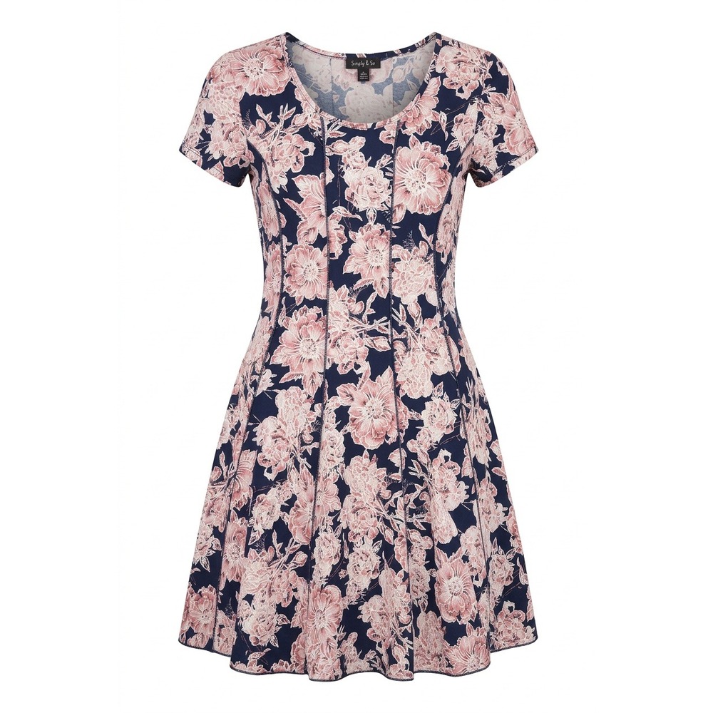 Sami & Jo Petite Fit and Flare Dress Navy Pink Floral Short Sleeve PS